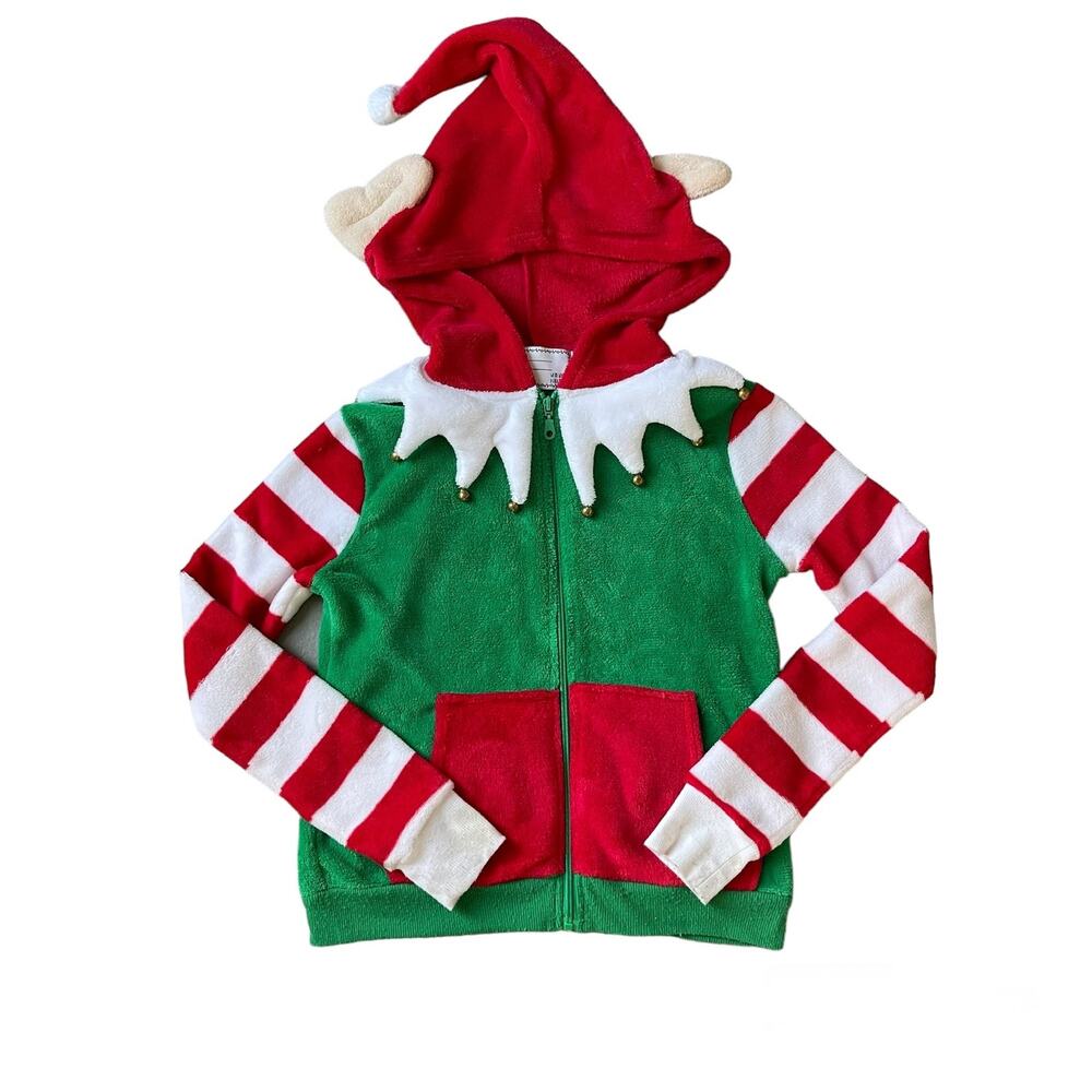 Holiday Christmas Elf Soft Fleece Red White Green Zip Up Hooded Ears Bell Jacket